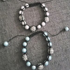 ⚪️ Lot Of 2 Handmade Shamballa Bracelets 🩵 Blue & Gray Pearlescent Pull Closure